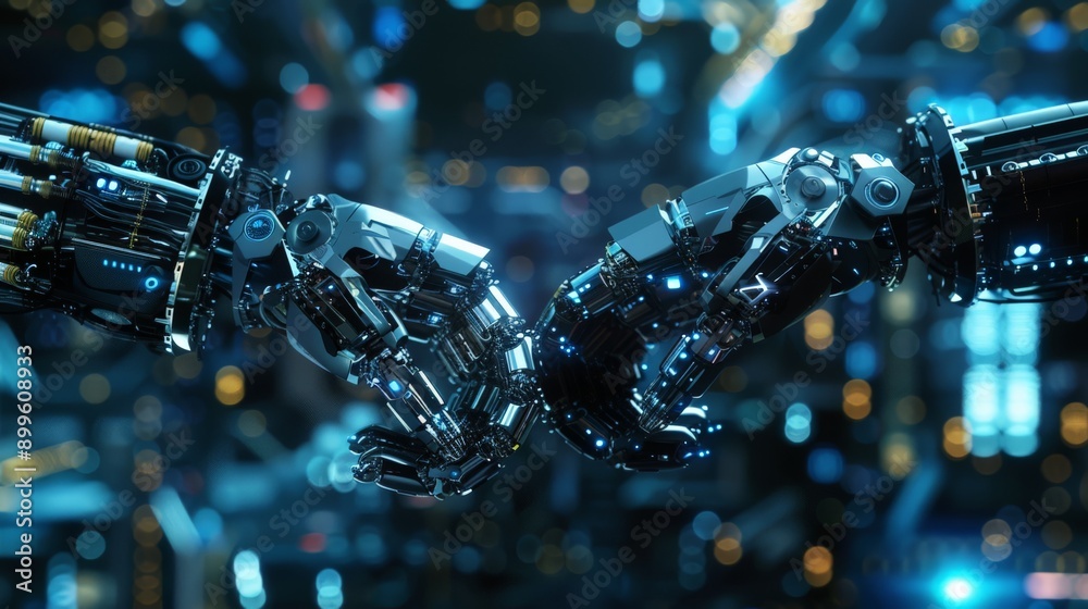 Poster two robotic arms shaking hands, representing collaboration and partnership in technology. symbol of 