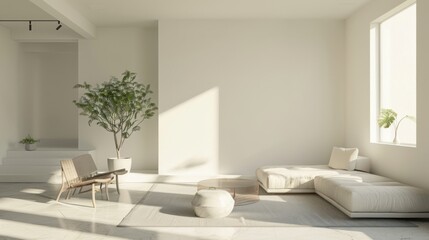 Minimalist living room interior with modern furniture, large windows, natural light, and decor elements in a bright and airy setting.