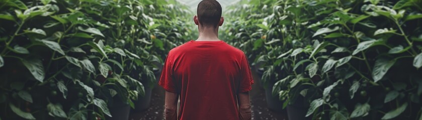 A person stands in a lush greenhouse, surrounded by vibrant green plants, contemplating nature's beauty and growth.