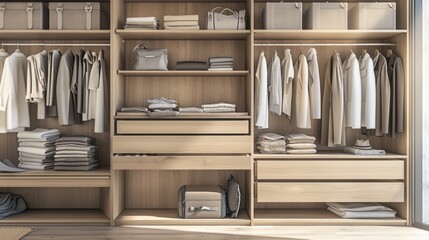 Modern wooden closet with organized clothes, accessories, and folded linens, showcasing elegant and functional storage solutions.