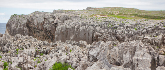 Eroded rocks formations on the edge of the cliffs of Bufones de Pria, Llames, Asturias, Spain