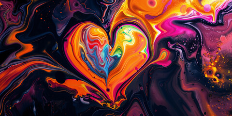 abstract background with vibrant shapes, heart design, black setting, energetic and creative