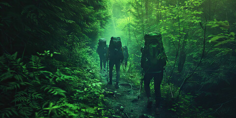 Secure Pathway: A hiking group following a safe trail through a serene forest 