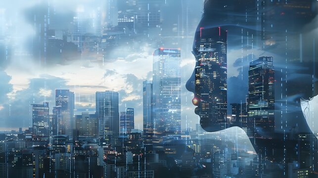 A complex digital artwork depicting a man&rsquo;s silhouette against a backdrop of intense city lights and snow, illustrating the stark contrasts and challenges of urban life during winter.