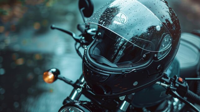 A wet black motorcycle helmet on a bike with blurry details. Moody scene with "amha" letters. Environmental implications.