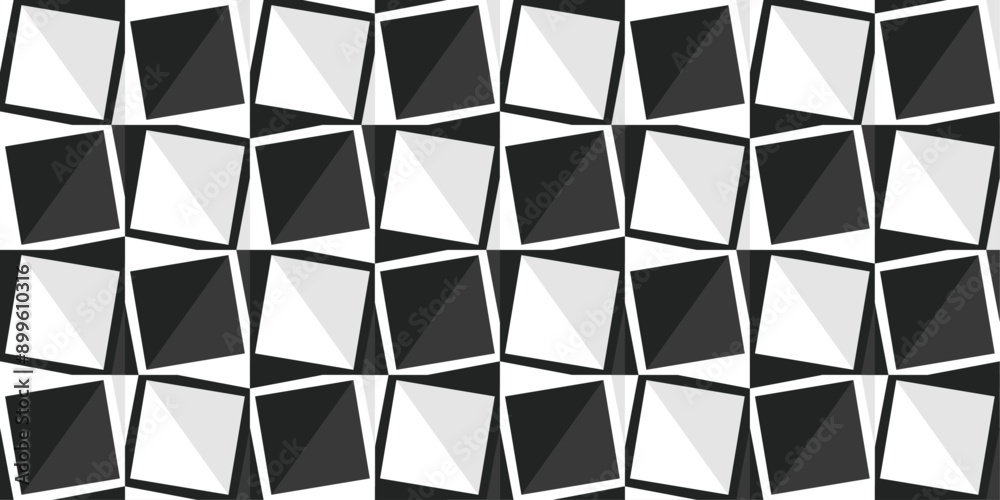 Poster Retro chess pattern of square curved tiles. Stylish checkerboard black and white pattern. Seamless and trendy pattern on a chess theme.