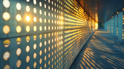 Sunlit perforated metal wall with circular holes creating patterns and shadows at sunset