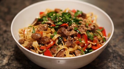 Fototapeta premium Egg noodle stir fry with pork and veggies