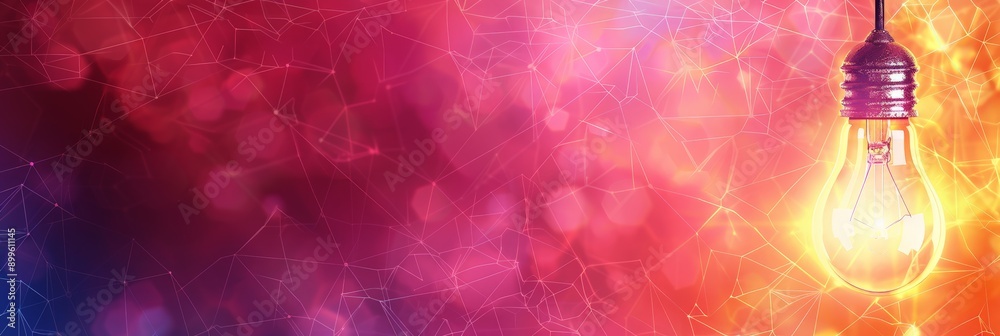 Poster glowing light bulb with abstract geometric background representing ideas and innovation. vibrant rep