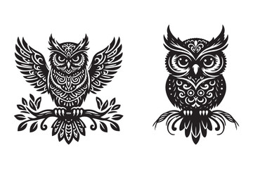 Fototapeta premium Owl silhouette set Vector illustration - Generative AI