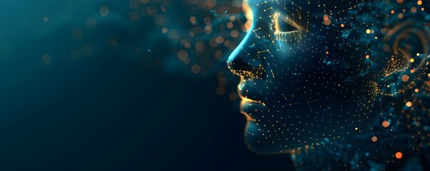 Side view of a humanoid head with blue and yellow eyes and vibrant neon neural network, representing futuristic technology and artificial intelligence.