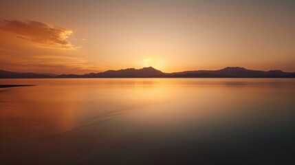 Fototapeta premium Golden sunset over calm ocean waters with reflections and a mountain silhouette in the background, creating a serene scene.