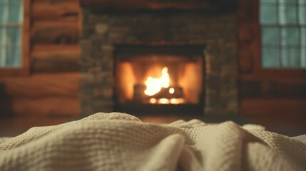 Cozy knit blanket in front of a warm fireplace in a rustic cabin interior