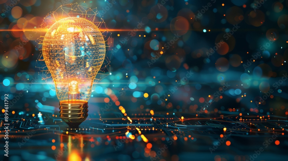 Poster Illuminated light bulb with digital network patterns on an abstract background. Innovation and technology concept.