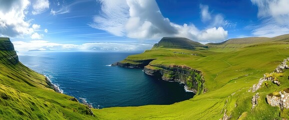 Beautiful Coastal Cliffs and Ocean with Green Fields