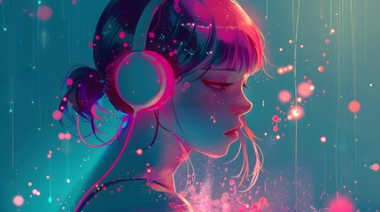 Fototapeta premium A digital illustration of a girl with headphones, set against a vibrant, neon gradient background. The colors blend between pink and blue, creating a dynamic, futuristic atmosphere.