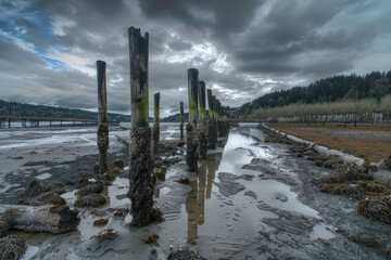 Timber harbor at low tide barnaclecovered pilings under cloudy sky
