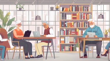 A group of elderly people uses laptops and tablets while sitting at tables in a bright community library filled with books. Generative AI