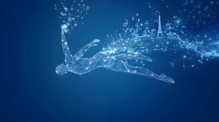 Minimalist Artistic Swimmer: Simple lines forming an artistic swimmer with the Eiffel Tower in the background on a blue background.


