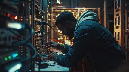 IT technician working on a secure server with biometric access controls