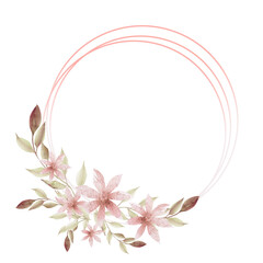 Watercolor boho floral frame. Vintage illustration with delicate flowers, twigs, leaves. Hand painted watercolor illustration of a twig with leaves, flowers . Boho wedding invitation design and other 