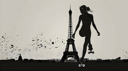 Minimalist Roller Skater: Silhouette of a roller skater with the Eiffel Tower in the background on a grey background.


