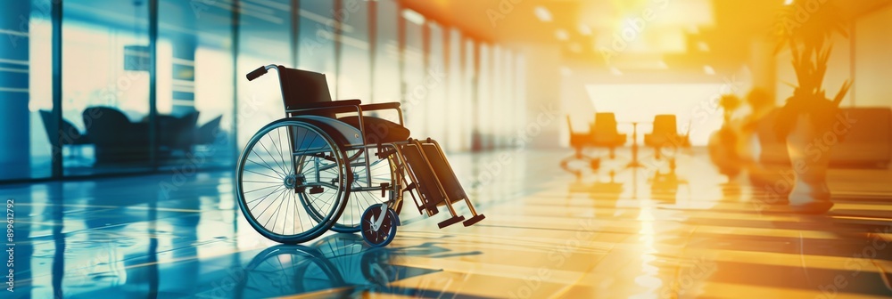 Poster Empty wheelchair in a modern office building lobby with sunlight streaming in. Workplace accessibility and design for disabled individuals.
