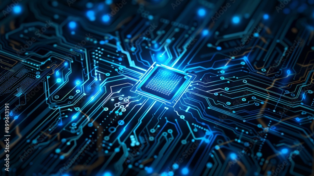 Poster Close-up view of microchip on circuit board with intricate details and glowing lights. Futuristic technology concept.