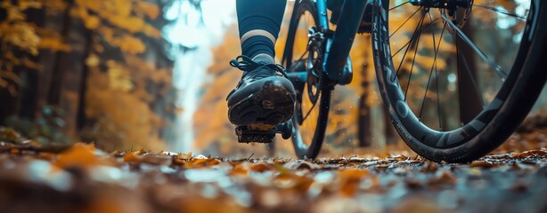 Closeup of a cyclist's foot on a pedal with sharp focus on the pedal and shoe