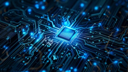 Close-up view of microchip on circuit board with intricate details and glowing lights. Futuristic technology concept.