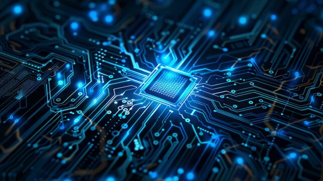Close-up view of microchip on circuit board with intricate details and glowing lights. Futuristic technology concept.