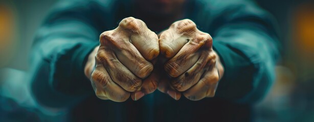 Closeup of a martial artist's hands in a fighting stance with sharp focus on the fists