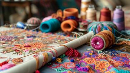 Fototapeta premium A vibrant and colorful close-up of embroidery threads, patterns, and tools in a workshop setting. The intricate designs and vivid colors showcase the artistry and detailed work involved in embroidery.