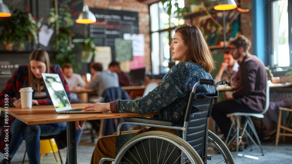 Poster woman in a wheelchair working in a trendy cafe, surrounded by people. showcasing accessibility and i