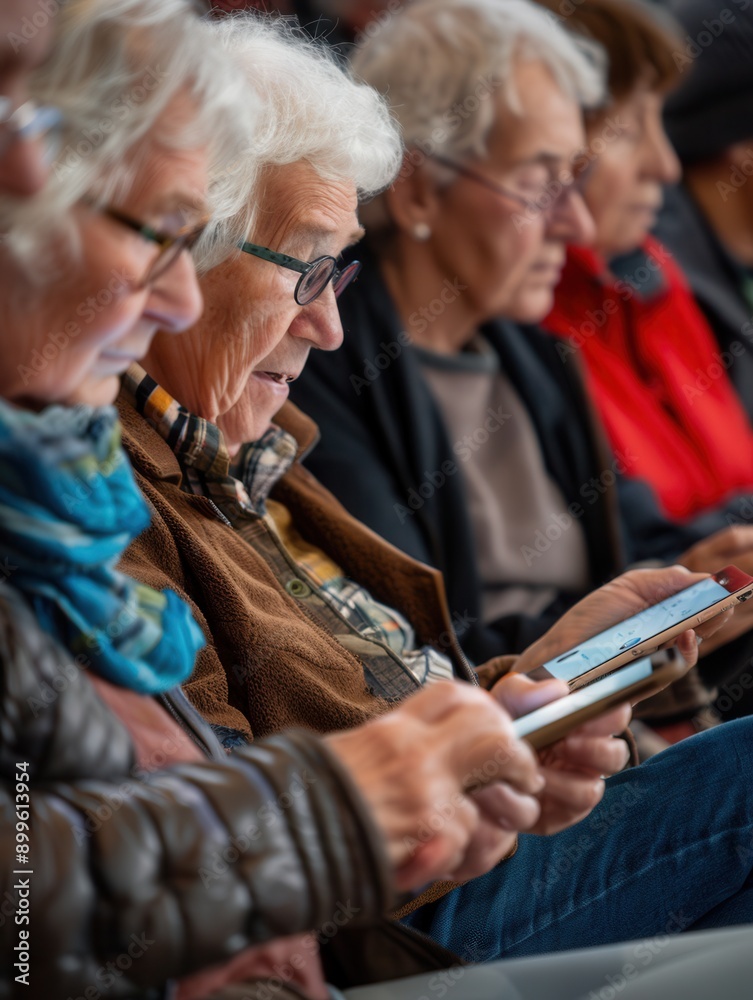 Poster a group of elderly individuals focuses on their devices, enjoying digital activities in a lively com