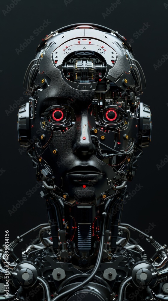 Poster Close-up portrait of a highly detailed humanoid robot with intricate circuitry and components. Represents advanced AI and futuristic technology.