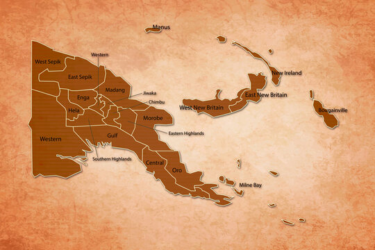 Papua New Guinea Map. Papua New Guinea Map with federal states in A vintage Color Texture Background