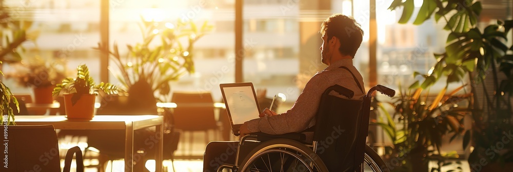 Poster man in a wheelchair working on a tablet in a bright modern office surrounded by plants. emphasizes w