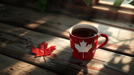 3D illustration of Elegant tea or cafe flagged mug isolated ,Canada flag,Canada flag with coffee on table, top view,Canada casino theme,international Canada day