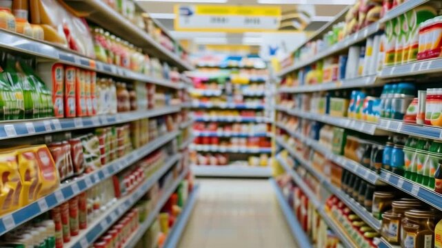Wide view of supermarket shelves filled with various packaged goods. Slow motion 4k video.