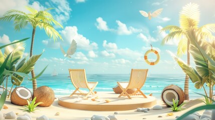 Obraz premium 3d vector podium background with beach summer elements, chairs and coconuts on the sand in sunlight with clouds and blue sky. Summer vacation concept