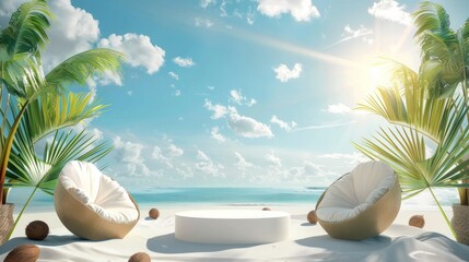 Obraz premium 3d vector podium background with beach summer elements, chairs and coconuts on the sand in sunlight with clouds and blue sky. Summer vacation concept