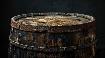 Fototapeta premium A barrel with a brown top sits on a black surface. The barrel is old and has a rustic appearance