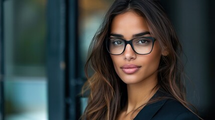 A beautiful businesswoman wearing glasses with a fit body and sleek clothes
