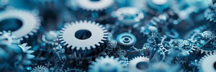 Close-up of white and blue interlocking gears in a detailed mechanical system. Symbolizes precision engineering and technological advancement.
