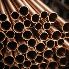Copper bronze heat exchanger pipes. Heavy non-ferrous metallurgy. Factory industrial production of metal cuprum pipes. Heat exchanger is a technical device in which heat is exchanged between two media