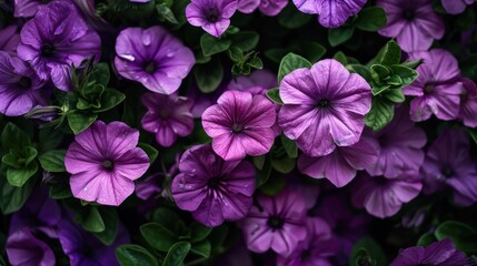 A bunch of purple flowers with green leaves. The flowers are in full bloom and are arranged in a way that they are all facing the same direction