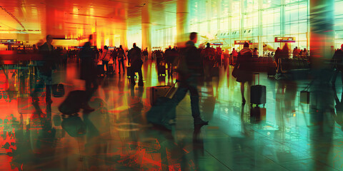 A bustling airport, people rushing to catch their flights, the sound of suitcases rolling on the floor, announcements echoing through the halls