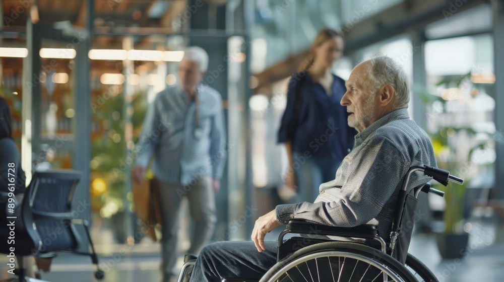 Poster businessman in a wheelchair working on a computer in a sunlit modern office. highlighting profession