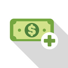 Green dollar bill icon with plus sign depicting adding money concept